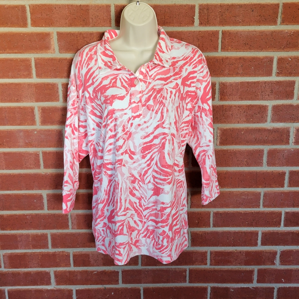 Vicki Wayne 1X Coral White Tropical Print 3/4 Sleeve Polo Tunic Top #373